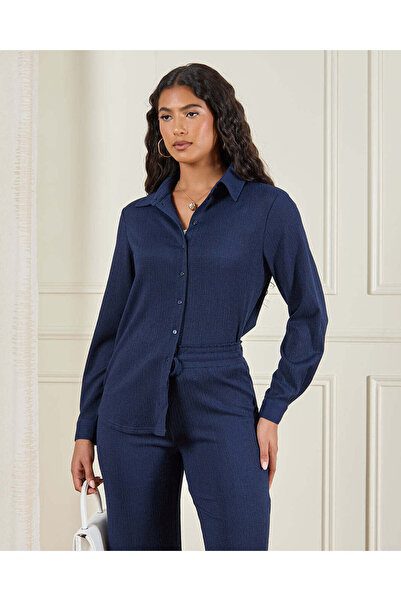 REDTAG Women Navy Textured Button Front Shirt