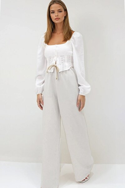Trend Alaçatı Stili Women's Beige Elastic Waist Lace-Up Linen Palazzo Trouser...