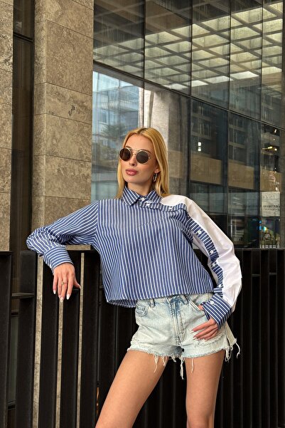 Trend Alaçatı Stili Women's Navy Blue Striped Contrast Long Sleeve Asymmetric...