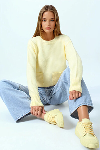 VAGGON Pulover tricotat galben pentru femei, cu două buzunare, cu gâtul rotun...