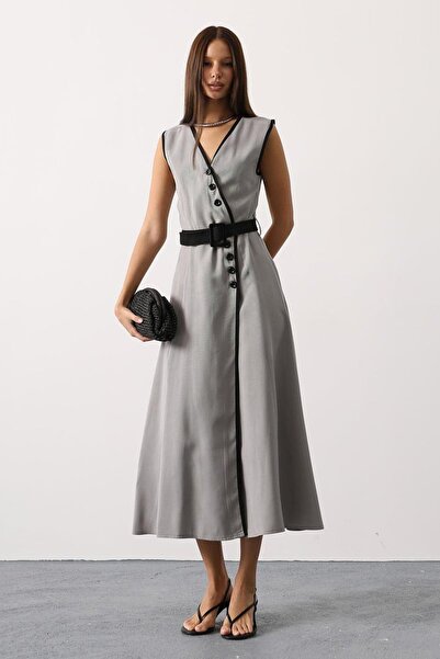 Trend Alaçatı Stili Women's Gray Contrast Detailed Buttoned Belted Midi Length Dress Vs01144