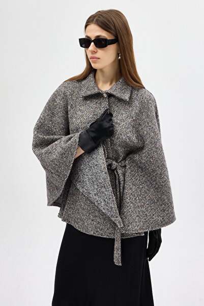 Rays Black Shirt Collar Belted Poncho Women's Coat 3099A