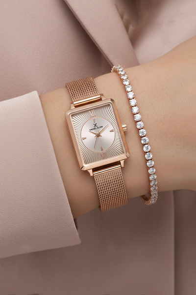 Daniel Klein Rose Gold Hasır Çelik Bilezik 23 mm Dikdörtgen Kadın Kol Saati, ...