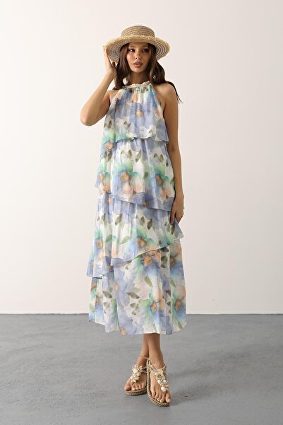 Trend Alaçatı Stili Women's Blue Printed Layered Dress with Collar Detail Vs0...