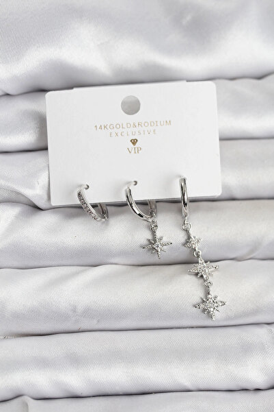 shopwave طقم أقراط نسائية من النحاس الفضي مكون من 3 قطع من موديل بولار ستار -...