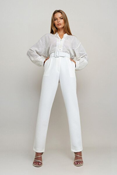 Trend Alaçatı Stili Women's White Belted Trousers Prm1157