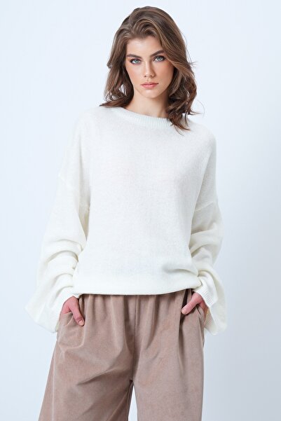 Trend Alaçatı Stili Women's Ecru Crew Neck Oversize Wool Blend Knit Sweater V...