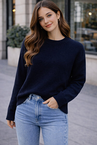 RTD&VLD Kadın Vita-260 Maviş Bisiklet Yaka Basic Triko Kazak Lacivert