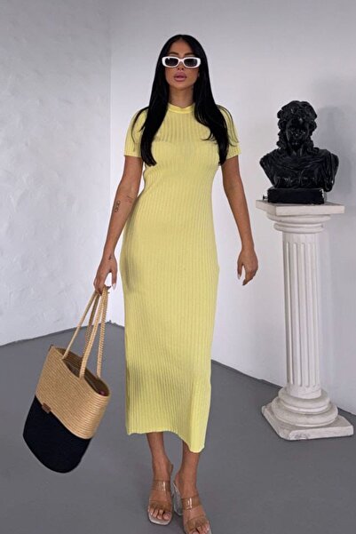 Trend Alaçatı Stili Women's Yellow Crew Neck Short Sleeve Corded Fabric Midi Length Knitwear Dress Vs00774