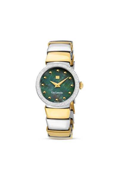 Guy Laroche ساعة آنا غرين النسائية ذات المينا الفضية والذهبية بسوار معدني، سا...