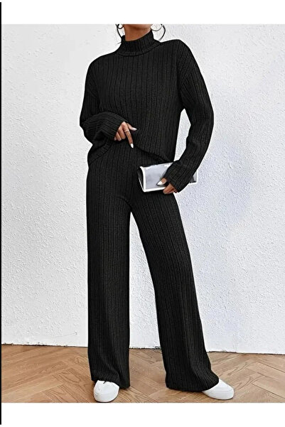 mor butik Black Turtleneck High Waist Loose Palazzo Pants Two-Piece Set Young...