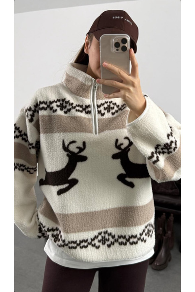 Mzr Collection KADIN KAHVERENGİ GEYİK BALIKÇI YAKA PELUŞ SWEATSHİRT