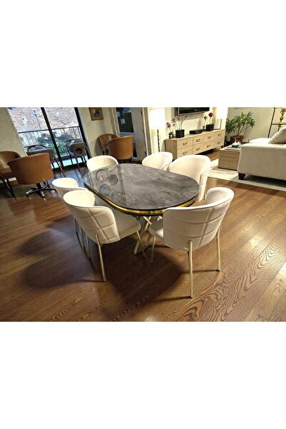 MSY HOME 6 Kişilik Serya İroni Oval Masa Gold Ayak Yönsüz Kumaş Modern Ve Şık...