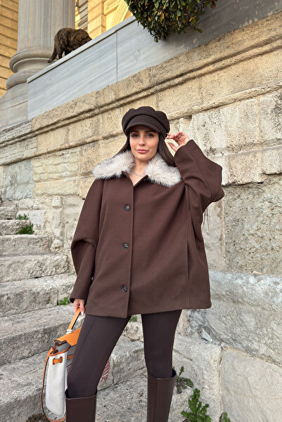 MAGARDE Palton din cașmir cu guler din blană - MARO