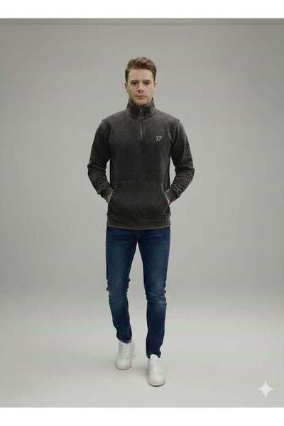 Afri Men's Black Washed Effect Half-Zip 100% Cotton 3 Thread Sweatshirt