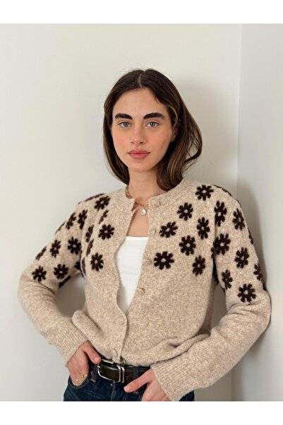 Retrobird Floral Patterned Fleece-Lined Cardigan Women's Stone Colored