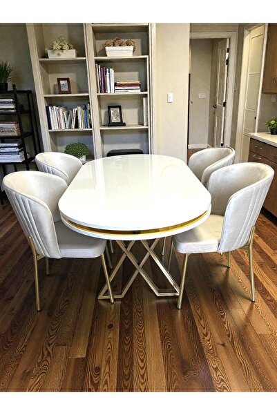 MSY HOME 4 Kişilik Berya Beyaz Oval Masa Gold Ayak Yönsüz Kumaş Modern Ve Şık...