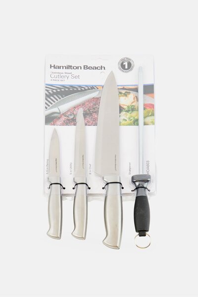 Hamilton Beach 4 Piece Stainless Steel Cutting Knife And Sharpener Set, Silver