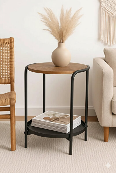 NZONE STORE Round side table with a wooden top and black metal frame with a tray shelf
