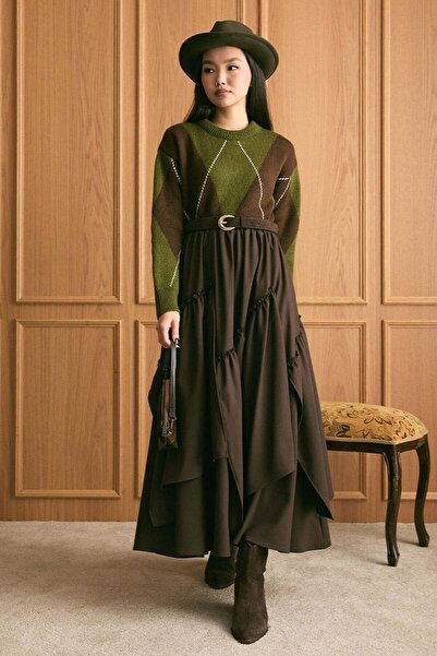 Ceylan Otantik Olive Green Diamond Pattern Knitwear Sweater & Bitter Brown Polyviscose Bohemian Floor Skirt Set