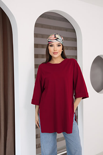 MOVİMENT Women's Standard Size Double Sleeve Side Slit Burgundy T-Shirt