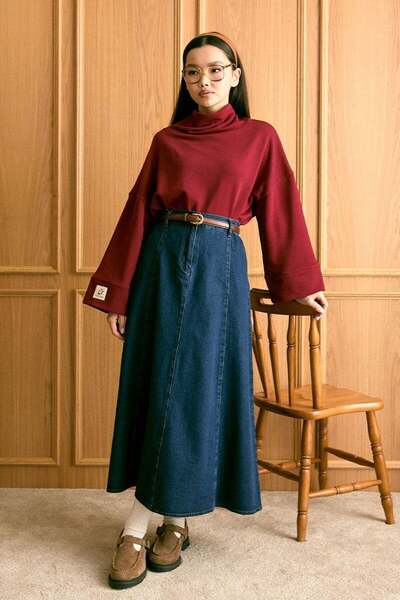Ceylan Otantik Burgundy Mock Neck Winter Bodysuit & Denim Flared Skirt Set