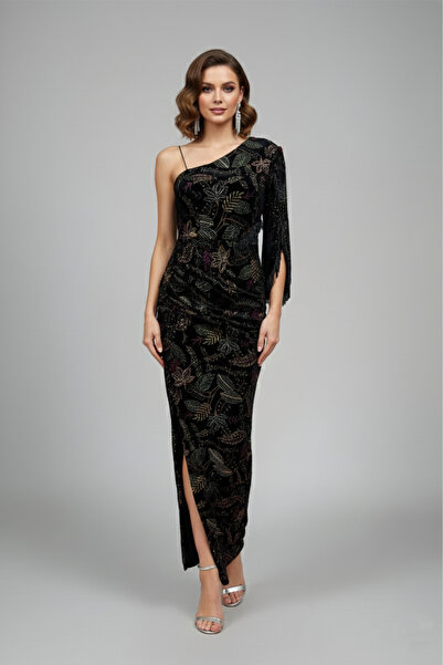 TREASUREISLAND Black dress with a leaf pattern, one sleeve