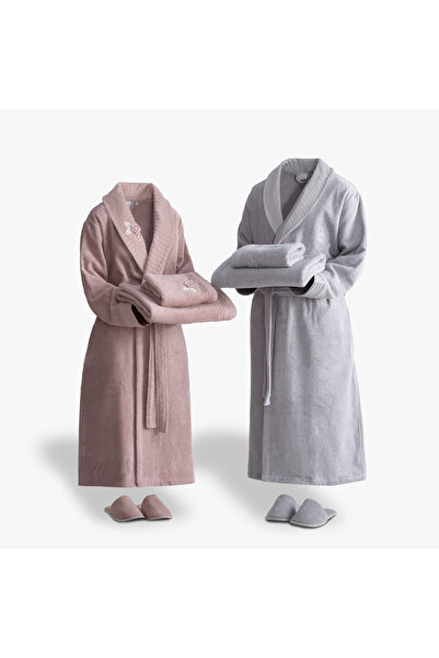 Green Black Rosalya Family Bathrobe Set 100% Cotton Embroidered Powder Gray M/L