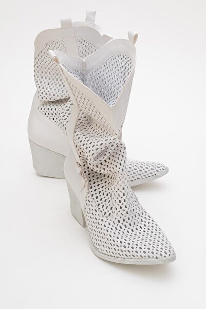 BonuStep White Leather Gusseted Women's Thick Heeled Summer Boots