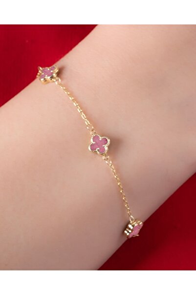 YCL JEWELLERY 14 Ayar Altın Pembe Yonca Figürlü Bileklik