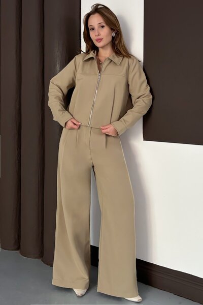 Trend Alaçatı Stili Women's Beige Zipper Closure Lined Jacket Wide Leg Pants Set Vs01564