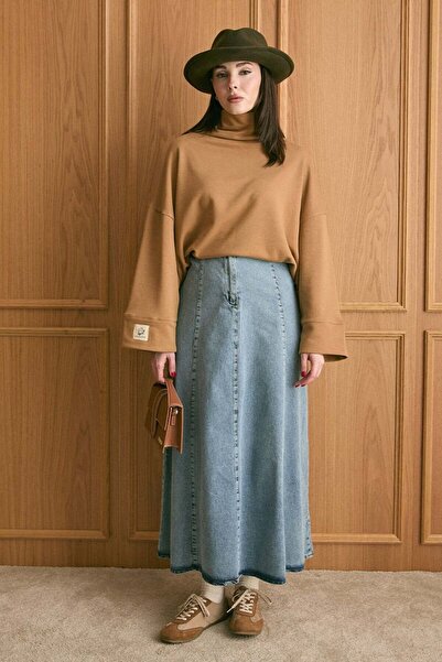 Ceylan Otantik Set de fuste evazate pentru iarnă Caramel guler ridicat și blu...