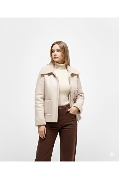 WYNA BOUTİQUE Women's Fur Lined Zippered Short Leather Jacket