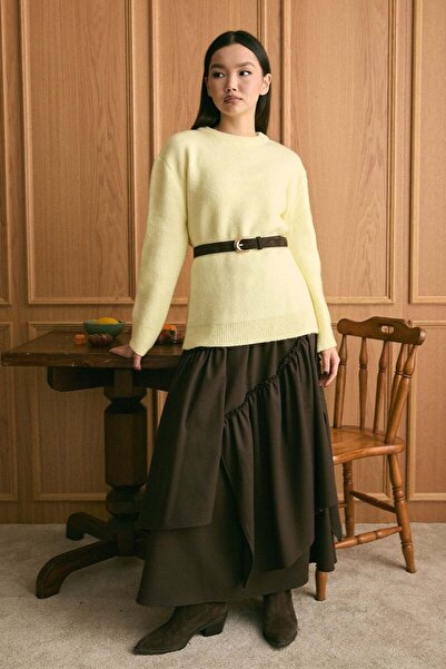 Ceylan Otantik Lemon Yellow Knitwear Sweater & Bitter Brown Polyviscose Bohemian Floor Skirt Set