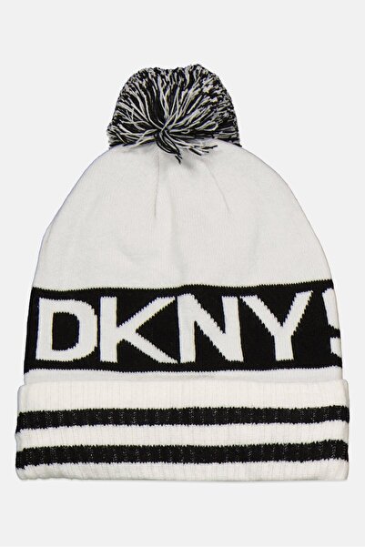 DKNY Sport Men Knitted Pom-Pom Beanie, White/Black
