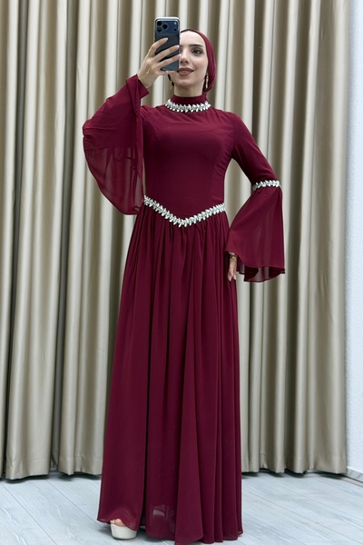 Matik Abiyem Elegant Stone Embroidered, Chiffon Detailed, Waist Accentuated, Special Occasion and Invitations Suitable Hijab Evening Dress