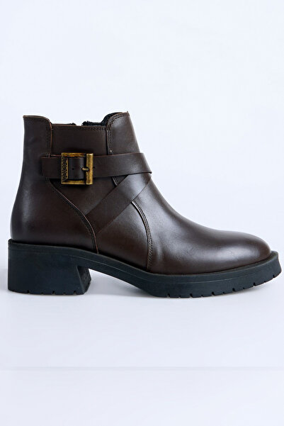 GRADA Καφέ γνήσιες δερμάτινες γυναικείες μπότες με χιαστί λουράκια και αγκράφ...