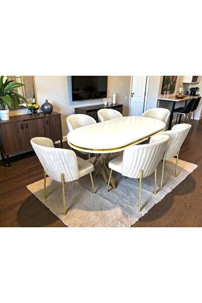 MSY HOME 6 Kişilik Berya Beyaz Oval Masa Gold Ayak Yönsüz Kumaş Modern Ve Şık...