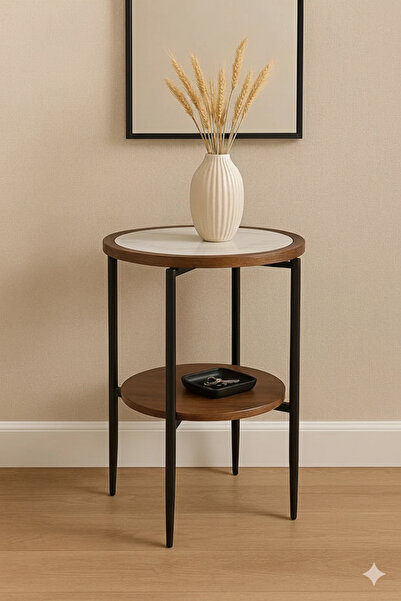 NZONE STORE Round side table with a white marble-inspired top and wooden shelf
