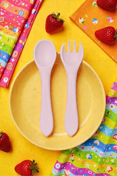 Kitchen Dream Pink Silicone Baby Feeding Set Baby Food Spoon and Fork Set
