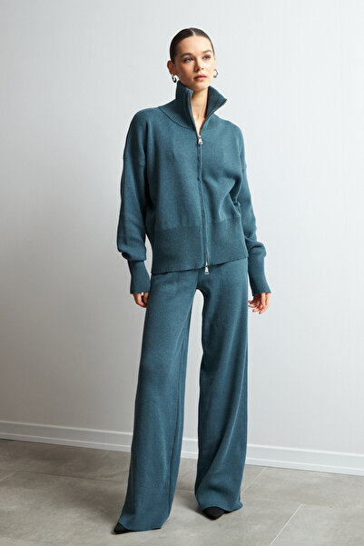 Bipantolon Women's Petrol Green Double Zipper Detailed Knitwear Set