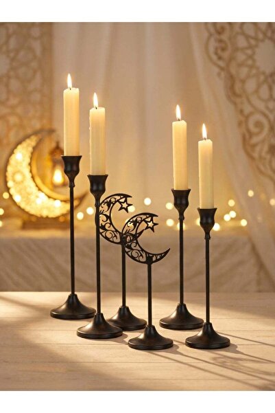 MODY حامل شموع رمضان أسود مكون من 6 قطع، شمعدانات معدنية أنيقة