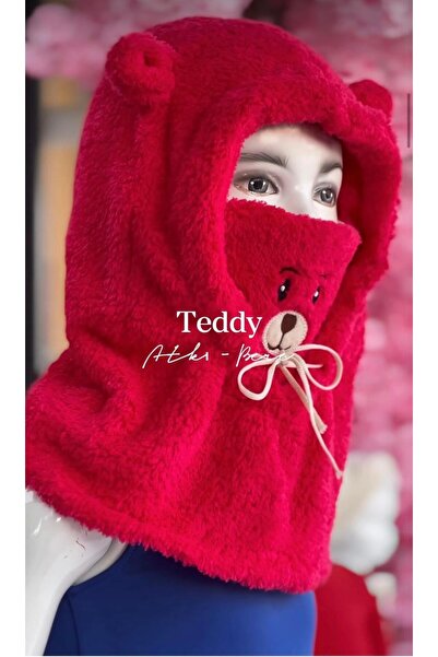 ABC Collection Ayıcık Detaylı Kırmızı Peluş Teddy Atkı Bere Şapka Erkek ve Kı...