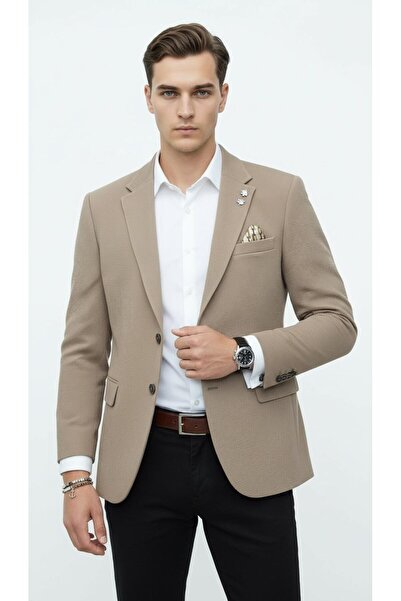 Plus Scorpion Men's Mink Seersucker Patterned Blazer Jacket – 2 Buttons, Doub...