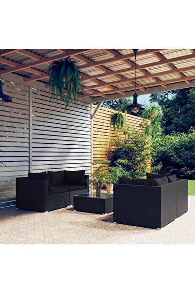 vidaxl طقم أريكة حديقة من 5 قطع مع وسائد من البولي راتان باللون الأسود