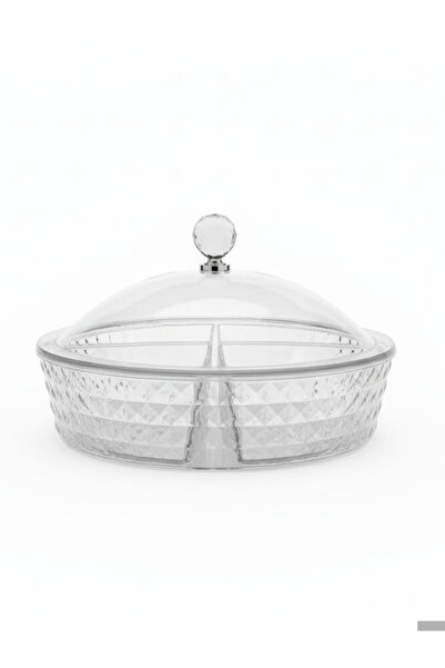 ALKHANBASHI Round Acrylic 4-Cell Candy Box Tray with Cover – Deluxe Clear Snack Organizer (28 × 28 × 18 cm)