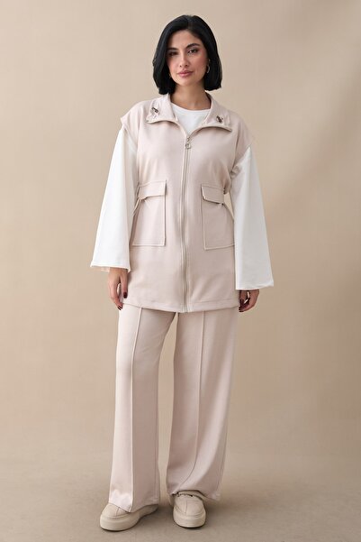 InStyle Zippered Vest Pants Beige Double Modal Set