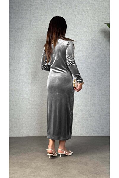 Generic Brand Kadı Long Sleeve Shoulder Gathered Side Stone Detailed Long Vel...