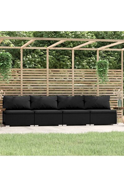 vidaxl أريكة رباعية المقاعد مع وسائد، مصنوعة من خشب الروطان الصناعي الأسود