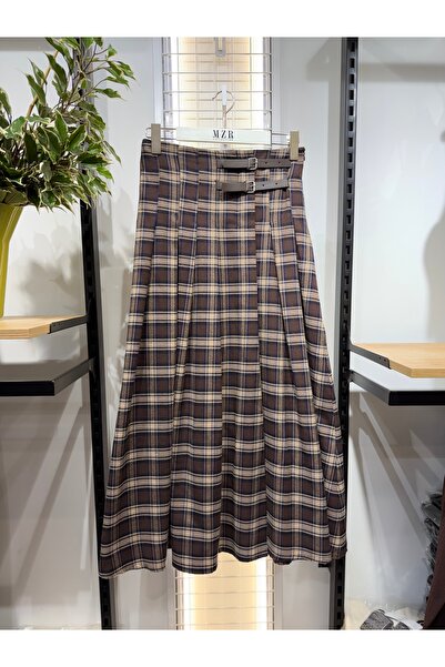 Mzr Collection KADIN ÇİFT KEMER DETAYLI YIRTMAÇLI CEPLİ YÜN ETEK